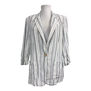 Ellen Tracy Medium Linen Blend Blazer Striped White Blue 3/4 Sleeves Pockets